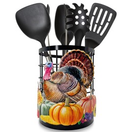 Thanksgiving Turkey Utensil Holder, Thanksgiving Turkey Pumpkin Kitchen Decor Utensil Organizer for Countertop, Fall Metal Cooking Tools Farmhouse Counter Decor, Kitchen Gifts Utensil Caddy Harvest