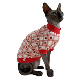 Sphynx Hairless Cat Cute Summer Cotton T-Shirts Pet Clothes,Round Collar Kitten Shirts Cats Apparel (Checkered Strawberry, Medium (Pack of 1))