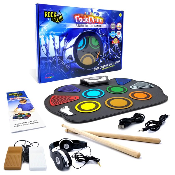MUKIKIM Rock and Roll It – CodeDrum. Roll Up Portable Drum Set for Kids & Adults. Electronic Silicone Rainbow Drum Pad | Headphones | Pedals | Drum Sticks | Play-by-Color Rhythm Booklet Included