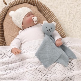 LAWKUL Baby Blanket Bear Lovey Soft Cuddly Security Blanket for Newborns Infants Boy Girl Knit Snuggle Comfort Blue 16x16in