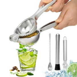 Lemon Squeezer Hand Press Stainless Steel Set, Manual Citrus Juicer with Zester Ripper, Cocktail Pestle, Stainless Steel Cocktail Spoon, Lime Press Set, Lemon Squeezer for Lemons, Orange Squeezer for