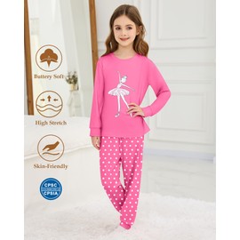 Mikrdoo Girls Pajamas Kids Pjs: Long Sleeve Top and Polka Dot Pants 2 Piece Cozy Sleepwear Set Size 14 Pajamas for Teen Girl Pink Ballet