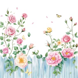 Dazzlewall Flower Shower Curtain 180 x 180 cm, Pink Roses Blue Fence Shower Curtains, Waterproof, Anti-Mould, Polyester Fabric, Washable Curtain for Bathroom, Bathtub with 12 Hooks