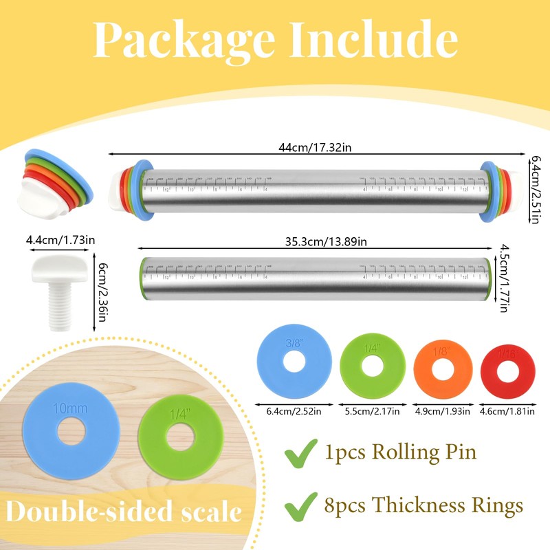 Adjustable Rolling Pin with 4 Thickness Rings for Baking, 17”