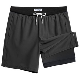 maamgic Mens Swim Trunks with Compression Liner 7 Inch Inseam Mens Bathing Suit Quick Dry Swimming Trunks Swimsuit Dark Grey and Black Large
