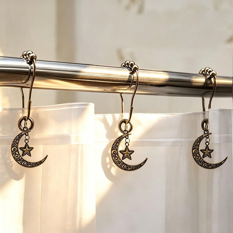 12 Pcs Decorative Celestial Moon Stars Shower Curtain Hooks Rings,