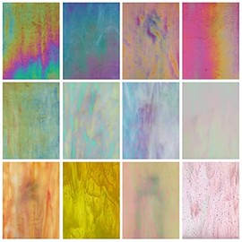 Lanyani 12 Sheets Iridescent Stained Glass Sheets for Mosaic Craft, 4x6 inch Bright Rainbow Cathedral Art Glass Packs, Opaque