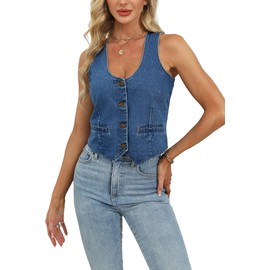 Womens Denim Vest Sleeveless Cropped V neck Jean Vest Casual Y2K Button Down Suit Waistcoat Tops