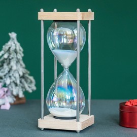 Large 60-Minute Hourglass Sand Timer,Pastel Macaron Glass & Natural Oak Wood Base, Modern Minimalist Office Home Desktop Decor (Macaron White)