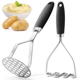 2Pcs Potato Masher, Premium Stainless Steel Mashed Potato Masher Kitchen Tool with Silicone Handle, Integrated & Wire Food Smasher Set for Mashing Potatoes, Veggies, Fruits, Avocado, Meat