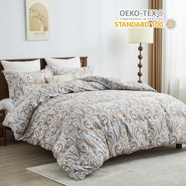 CozyQQ Paisley Floral Duvet Cover - 100% Organic Cotton 3-Piece Luxury Brown Blue Queen Size Duvet Cover Set, Lightweight 400TC Reversible Vintage Damask Bedding Set with 2 Shams, All-Season 90"x90"
