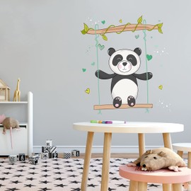 BEARS - Multicolored Panda Bear Swing Decoration Hearts Vines Design Kids Bedroom Playroom Home Removable Wall Decal Sticker 27" x 30"