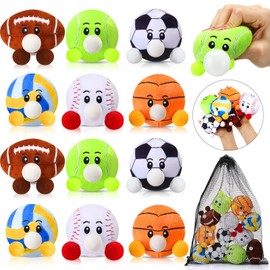 HyDren 12 Pcs Mini Stuffed Plush Stress Balls Bulk 3.15 Inch Sport Ball Toy Keychain Sensory Squeeze Football Baseball Soccer Basketball with Face, Mesh Bag for Anxiety Relief Party Games Team Reward