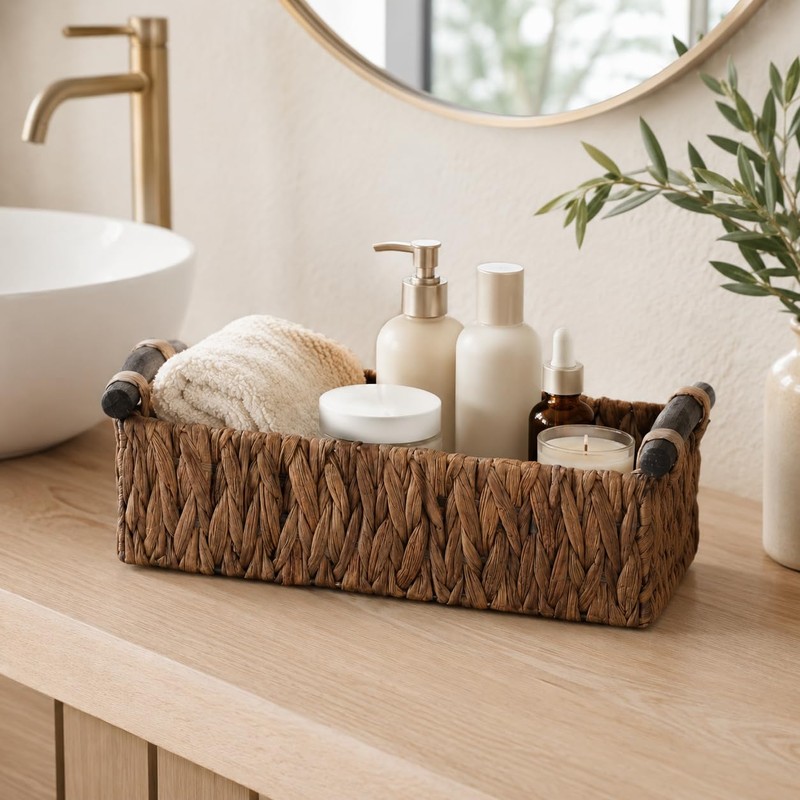Rattanzenith Water Hyacinth Toilet Tank Basket with Wood Handles, Brown