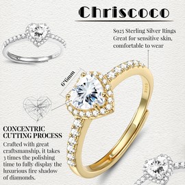 Chriscoco 925 Sterling Silver Ring for Women Gold Love Heart Ring Adjustable Cubic Zirconia Rings Simulated Diamond Ring Engagement Promise Wedding Rings with Jewellery Box