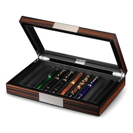 Lifomenz Co Wood Pen Box - 10 Slot Organizer With Glass Lid, Top Window Display Case for Collection Storage