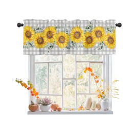 Kitchen Curtains Valances for Windows Summer Yellow Sunflower Gray Plaid Buffalo 42" W x 12" L Window Treatment Valances Rod Pocket Curtain Valance for Bathroom, Living Room, Bedroom, Farmhouse