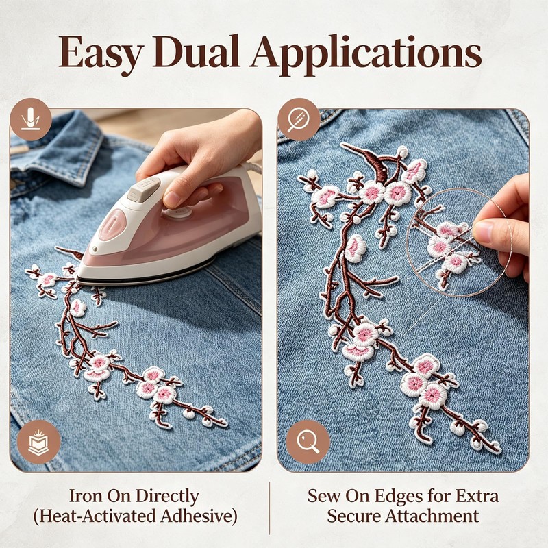 5 Pcs Cherry Blossom Patches, Embroidered Iron On Appliques for