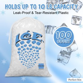 Perfect Stix Clear Plastic Ice Bags with Cotton Draw String, 10 lb Bags. Pack of 100