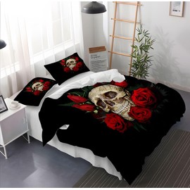 Leleyouzer 3D Skull Bed Linen Set, Skull Pattern Gothic Duvet Cover for Teenagers Adults, Skull Microfibre Bed Linen with Zip and 2 Pillowcases 50 x 75 cm (Skull 2, 135 x 200 cm)