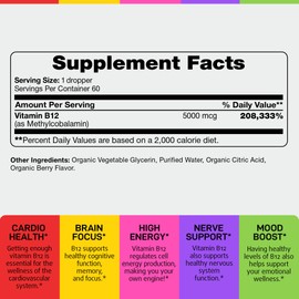 Vegan Vitamin B12 - Vit B 12 Liquid Drops Sublingual 5000mcg - USDA Organic Methyl B-12 for Men and Women - Methylcobalamin Energy Supplement for Immunity, Metabolism & Health Support - Made in USA