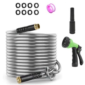 Metal Garden Hose 50ft, Stainless Steel Water Hose, Flexible Water Pipe With 10 Functional Nozzle, 6 Functional Sprayer Nozzle, 1 Roll Waterproof Tape, 8 PCS Rubber Gaskets, For Yard Lawn Outdoor