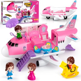 XDUOYJOY Pink Airplane Toy for Kids, Pretend Play Plane with Dolls, Furniture and Accessories, Easy to Store