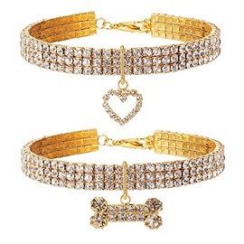 2PCS Pet Gold Collar Accessories Cat Dog Collar Heart and Bone Pendant Three Row Diamond Necklace Adjustable Collar