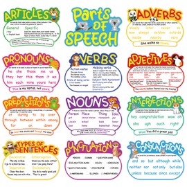 COCHIE 12Pcs Parts of Speech Posters Grammar Poster Educational Grammar Cutouts Bulletin Board Set English Grammar Chart Language Art Bulletin Board Decor (Bright Color,Animal)