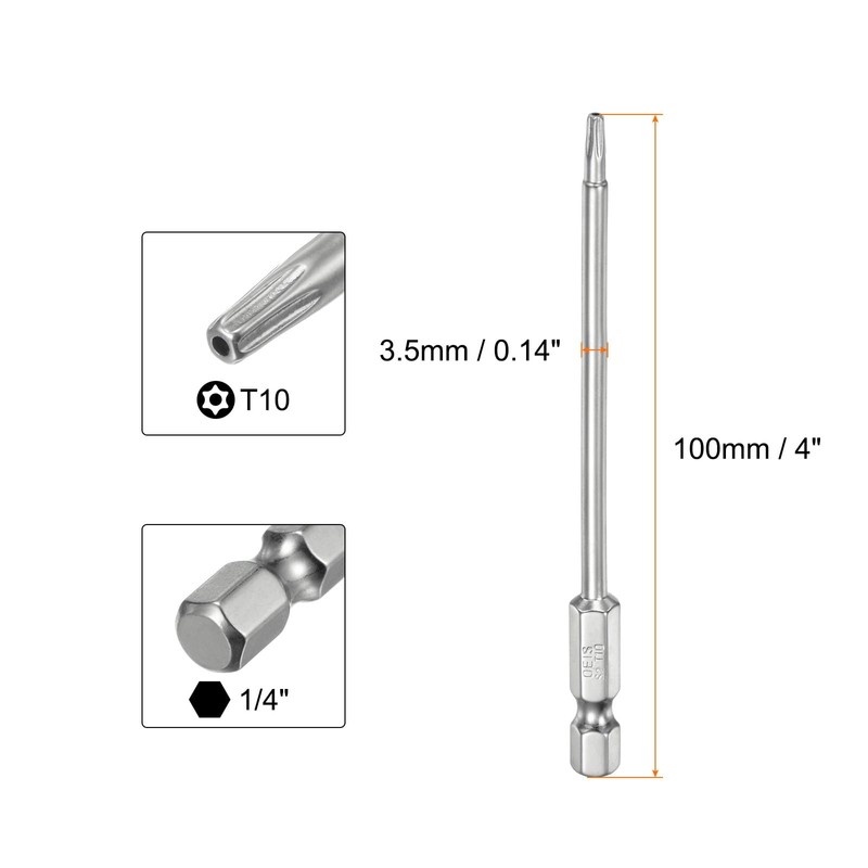 sourcing map T10 Security Torx Bit 1/4" Hex Shank 4"