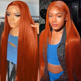 KINCYDU Long Ginger Orange Straight Lace Front Wigs Glueless Lace Wigs Synthetic Heat Resistant Fiber Hair Wig Natural Ginger Orange Color Straight Wig For Women 26 Inch