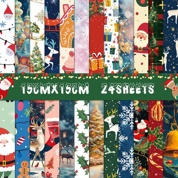 24 Sheets Christmas Themed Scrapbook Paper, 6x6'' Xmas Craft Paper