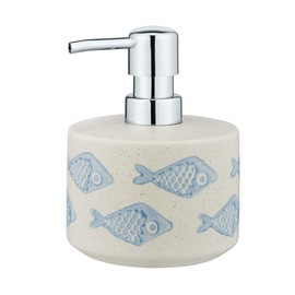 WENKO Soap Dispenser Aquamarine, Refillable Soap Dispenser for Liquid Soap/Lotion, Elegant Ceramic in Matte White with Blue, Maritime Scenery, Hand-Painted, Diameter 10 x 13.2 cm, Capacity 475 ml