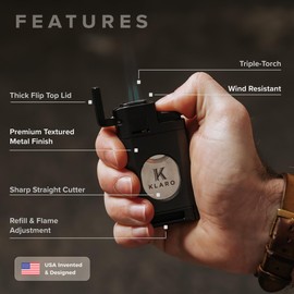 KLARO Triple Torch Lighter and Guillotine Cutter - Protective Lighter Cover, Manual Straight Cut – Black Powder-Coated Finish – Lighter for Men