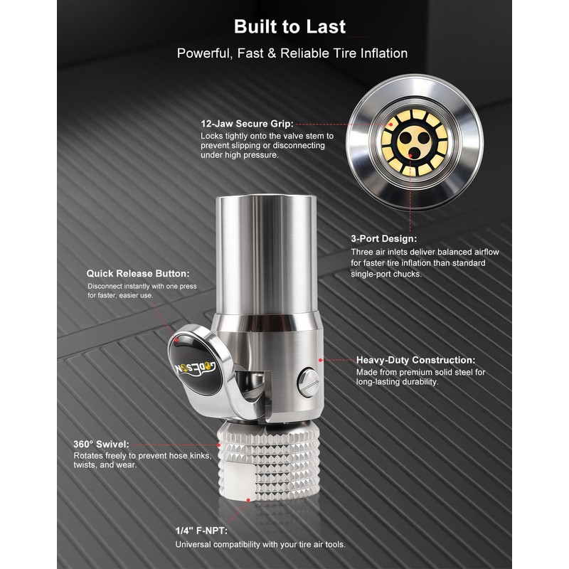 GODESON Locking Air Chuck, 12-Jaw No-Leak Design, 1/4" NPT Closed