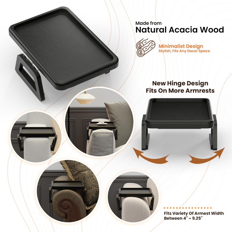 Tinamo Acacia Couch Arm Table - Wooden Sofa Armrest Tray