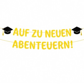 Auf zu neuen Abenteuern! Graduation Deko Glitzer Schwarz mit Absolventenhut Motiven,2026 ABI Deko für Abschlussfeiern, Prüfung & Feierlichkeiten (Golden)