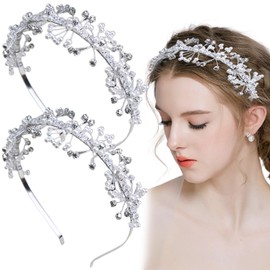 2 PCS Bridal Headbands Princess Headpiece with Crystal Rhinestones Floral Hair Accessories Pearl Headband Crystal Pearl Tiara Rhinestones Wedding Hair Accessories for Girls and Women