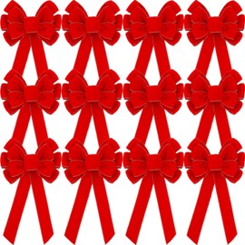 Lenwen 12 Pcs Large Christmas Bows 11 x 19.6 inch Velvet Christmas Wreath Bows Christmas Tree Topper Bow with Golden Edge Big Xmas Ornament for Wreath Gift Home Front Door Decor (Red)