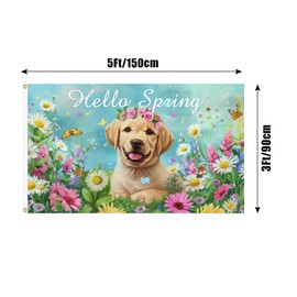 Hello Spring Flag 3x5 Feet Flower Cute Dog Spring House Flag with Brass Washer, Courtyard, Porch, Farmhouse, Terrace, Lawn Indoor and Outdoor Decoration Seasonal Spring Welcoming Flag