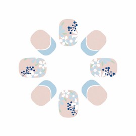 MISUD Summer Press on Nails Short Square Fake Nails Glossy Glue on Nails Blue French Tip Acrylic Nail Supplies Squoval Artificial Nail Art Flower Stick on False Nails with Design DIY 24 pcs