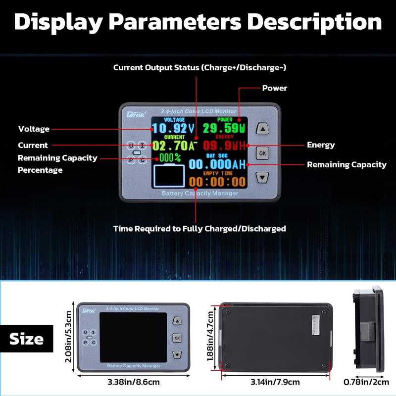 DROK Digital Multimeter, DC 8-100V 100A Battery Monitor 12V 24V