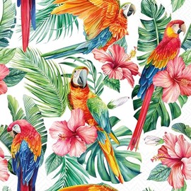 IHR Ideal Home Range Cocktail Napkins Disposable 3-Ply Paper Party Napkin Pack, 5" x 5", Scarlet Macaw & Hibiscus, 20-Count