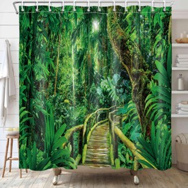 Nature Forest Wooden Bridge Shower Curtain 3D Rain Forest Scenic Landscape Shower Curtains for Bathroom Decor Polyester Cloth Fabric with Hooks 72 X 72 Inch