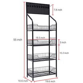 MUSESPANI 4-Tier Storage Shelves, Garage Shelving Units Multi Kitchen Storage Cabinet with 5 Metal Hooks for Kitchen Bakers Closet, Metal Wire, Organizer Rack (19.6 x 10.6 x55 inch)