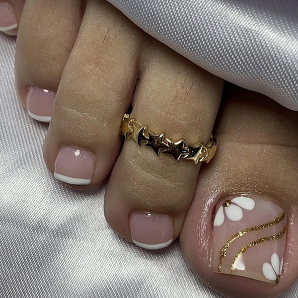 24Pcs White Flowers French False Toenails, Short Square Nude Pink