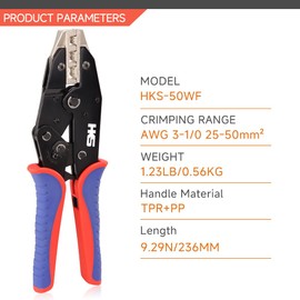 HKS Crimping Tool for Sleeves Ferrule Terminals & Pin Cord End- Ratcheting Wire Crimpers - AWG 3-1/0 (25-50mm²) - Ratchet Terminal Crimper - Electrical Crimping Tool