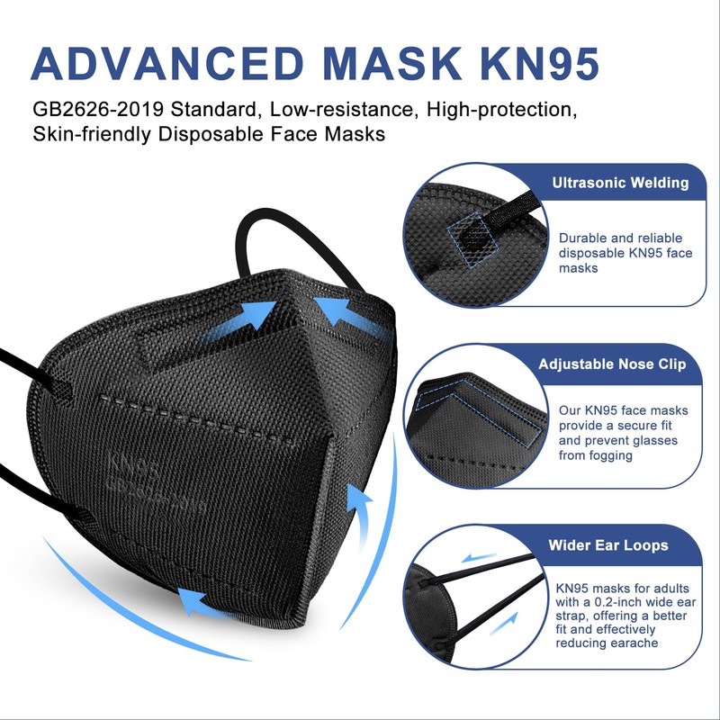 KN95 Face Masks Black Adults - 100 Pack Disposable Masks