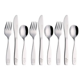 EXZACT Childrens Cutlery 9pcs Set Stainless Steel Kid Cutlery/Todler Silverware 3 x Forks, 3 x Safe Dinnerknives, 3 x Dinner Spoons - Dog Cat Bunny Design