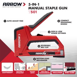 Arrow T501 5-in-1 Manual Staple and Nail Gun, Wire Stapler, and Brad Nailer for Wood, Upholstery, Construction, Insulation, Crafts, Fencing, and Cable, Black/Red